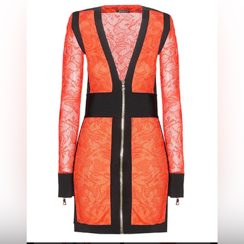 BALMAIN Lace Zip up Long Sleeve Orange+Black Trim Mini Bodycon Dress size XS/S